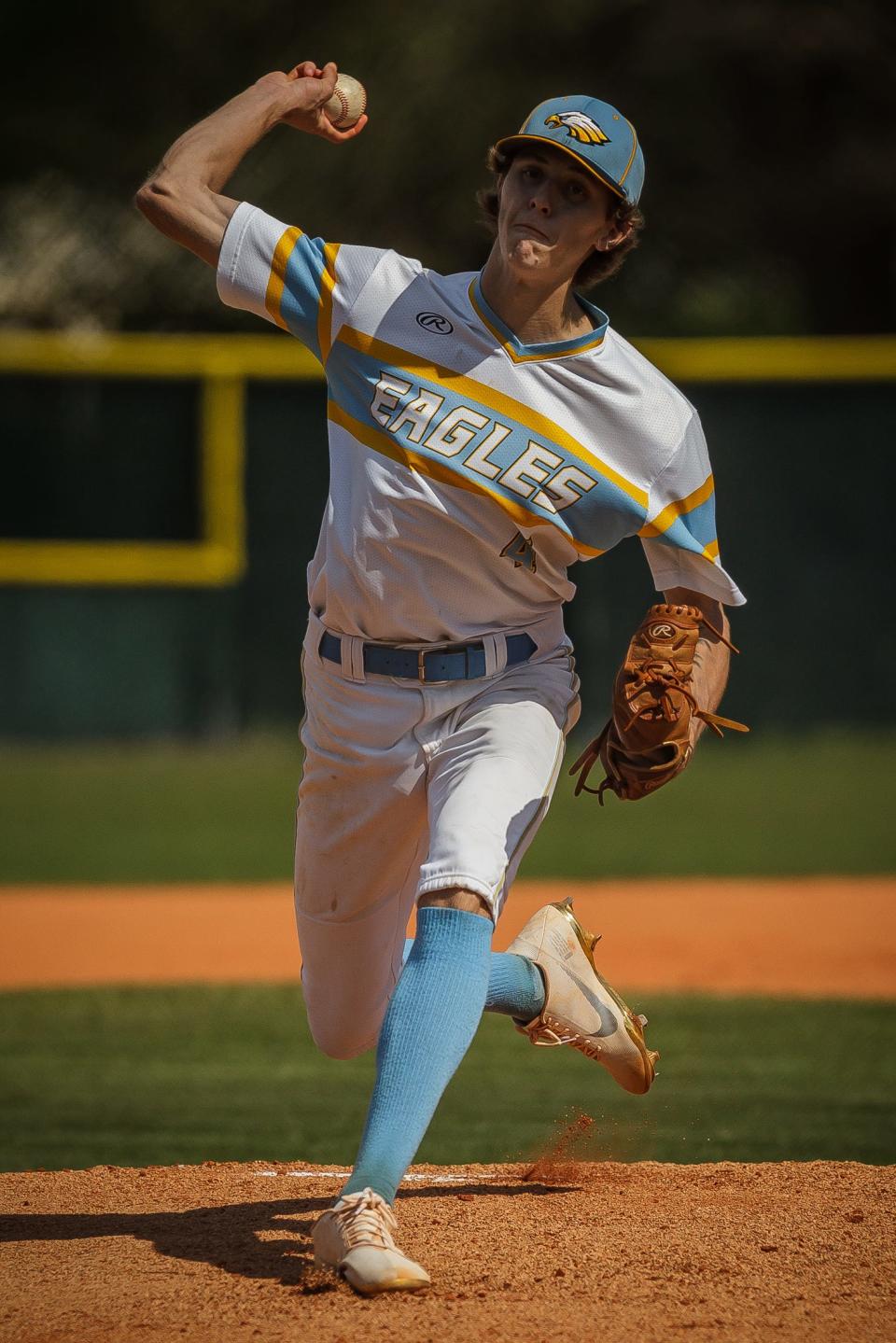 Pitcher Gavin Adams delivers the ball during District 12 3A championship high school baseball action as St. John Paul II hosted American Heritage in Boca Raton, Fla., on Thursday, April 29, 2021. 