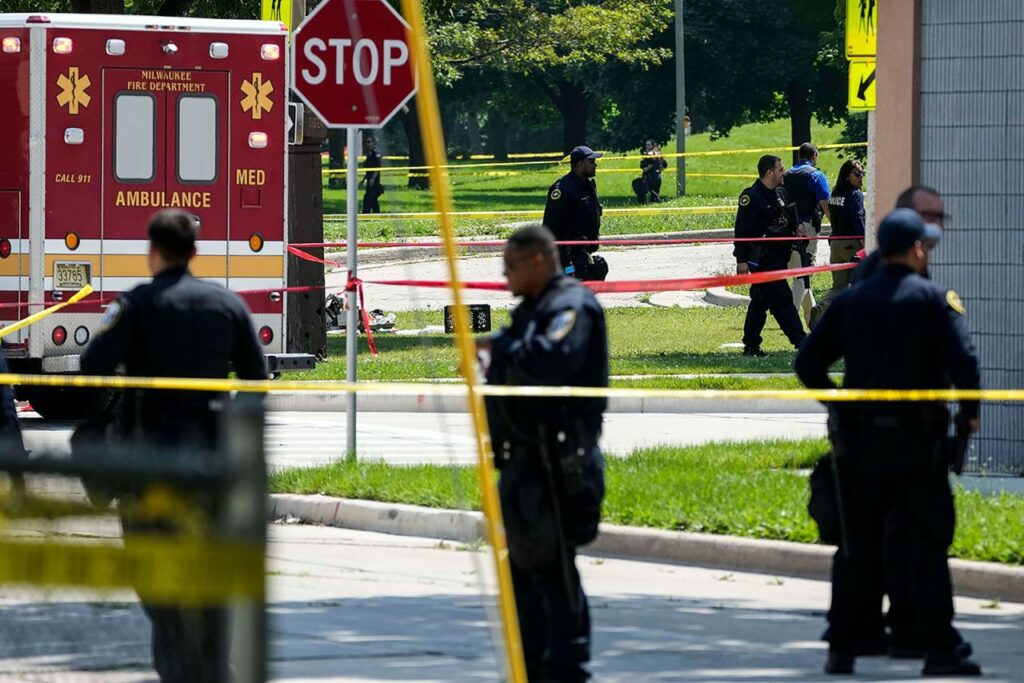 Police investigate a shooting near King Park in Milwaukee on Tuesday, July 16. The shooting occurred outside of the security perimeter for the Republican National Convention.