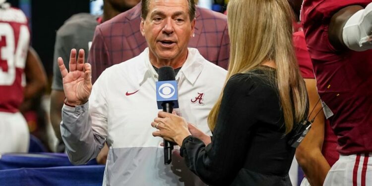 Dec 4, 2021; Atlanta, GA, USA; Alabama Crimson Tide head coach Nick Saban is interviewed after winning the SEC Championship by defeating the Georgia Bulldogs at Mercedes-Benz Stadium. Mandatory Credit: Dale Zanine-USA TODAY Sports