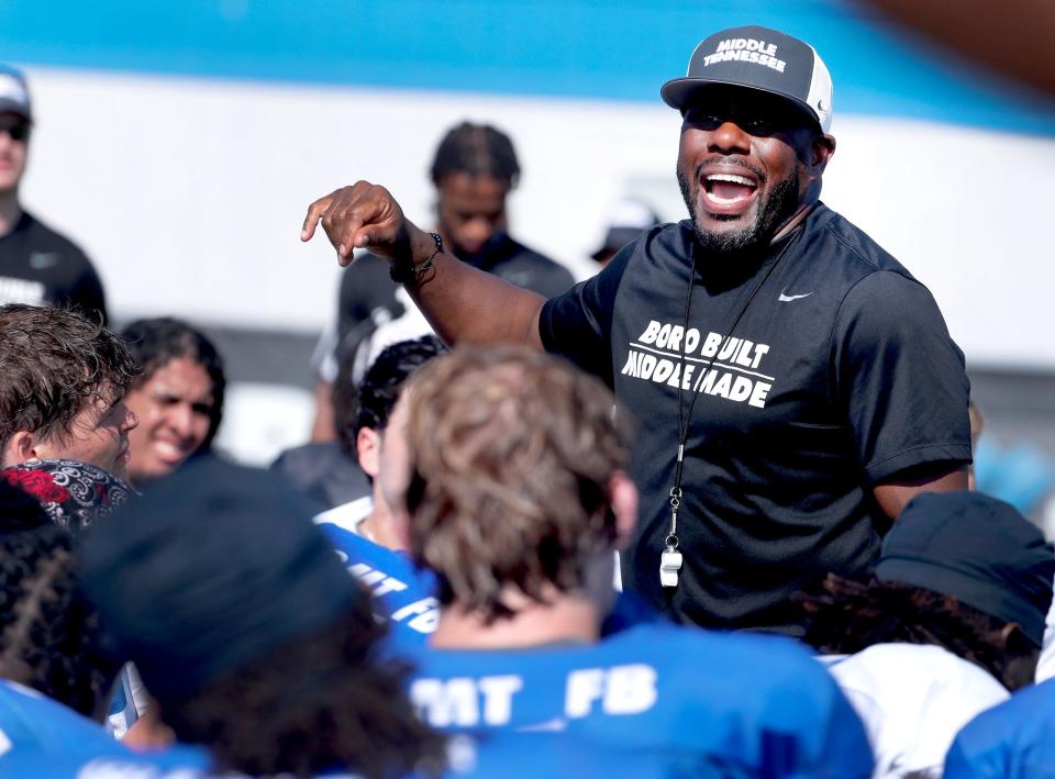 Middle Tennessee head coach Derek Mason speaks with his players at the end of Middle Tennessee’s Media Day football practice on Tuesday, Aug. 6, 2024.