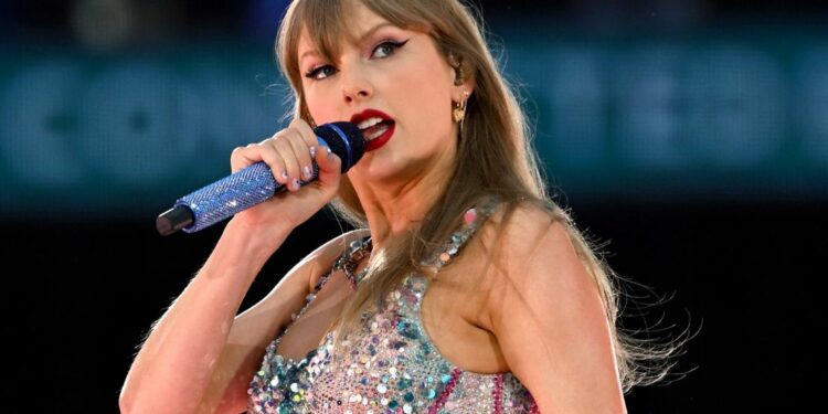 Taylor Swift performs at Wembley Stadium in London.