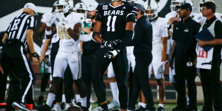 Missouri State Bears linebacker Dallas Winner-Johnson (11) celebrates after making a sack on the Lindenwood Lions at Plaster Stadium on Saturday, Sept. 14, 2024.