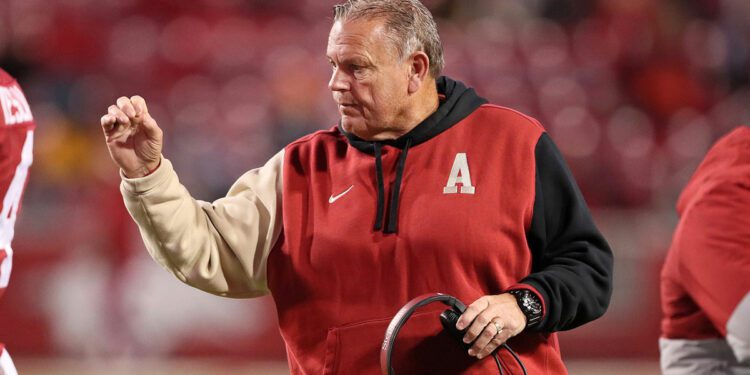 Arkansas Razorbacks head coach Sam Pittman during the fourth quarter against the Missouri Tigers at Donald W. Reynolds Razorback Stadium. Missouri won 48-14.