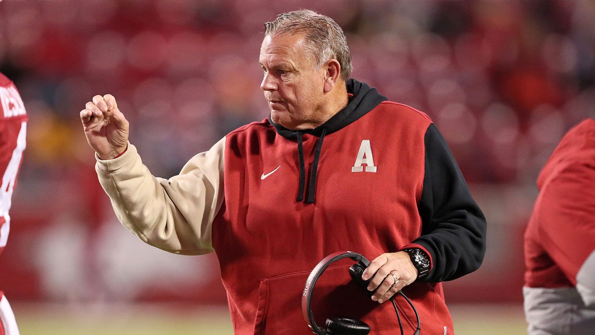 Arkansas Razorbacks head coach Sam Pittman during the fourth quarter against the Missouri Tigers at Donald W. Reynolds Razorback Stadium. Missouri won 48-14.