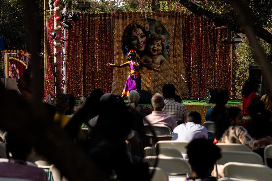 Singers and dancers take the stage to perform during the first day of the Krishna Janmashtami festival on Aug. 25, 2024, at ISKCON of Cedar Park.