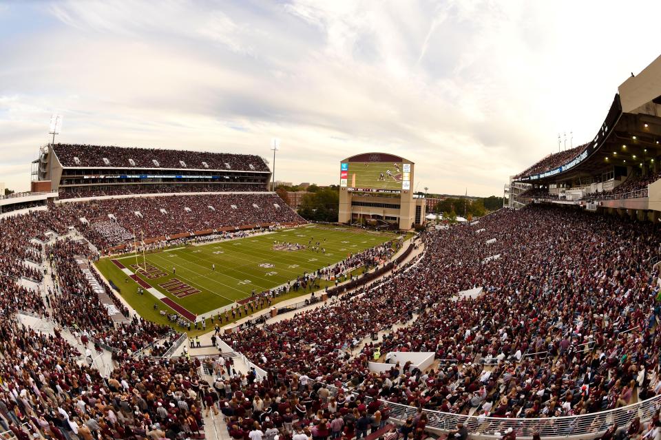 Nov 8, 2014; Starkville, MS, USA; General view of Davis Wade Stadium during the UT Martin Skyhawks game against the Mississippi State Bulldogs in the second quarter. Mandatory Credit: John David Mercer-USA TODAY Sports