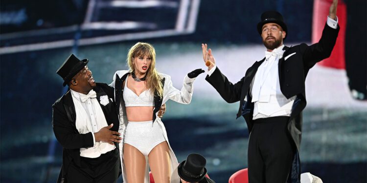 Travis Kelce (right) at Taylor Swift's Eras Tour concert at Wembley Stadium in June. Pic: Gareth Cattermole/TAS24/Getty Images for TAS Rights Management