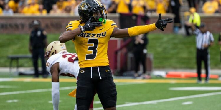 Missouri football wide receiver Luther Burden III (3) celebrates during second half of the Tigers' game against Boston College on Sept. 14, 2024, in Columbia, Mo.