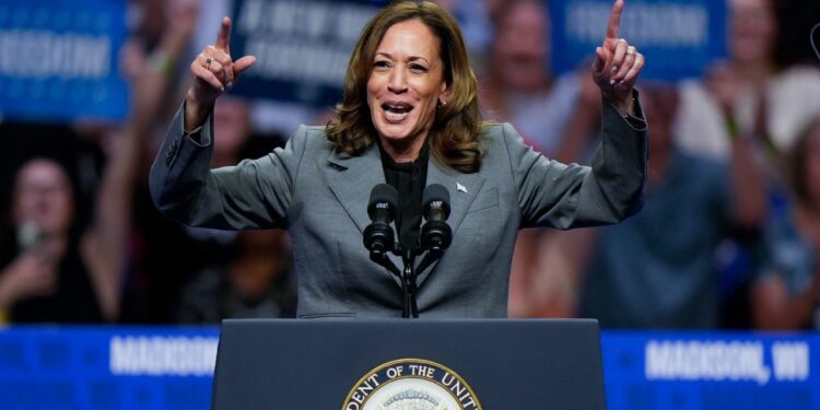 Vice President Kamala Harris speaks at a campaign event in Madison, Wisconsin, on Friday.