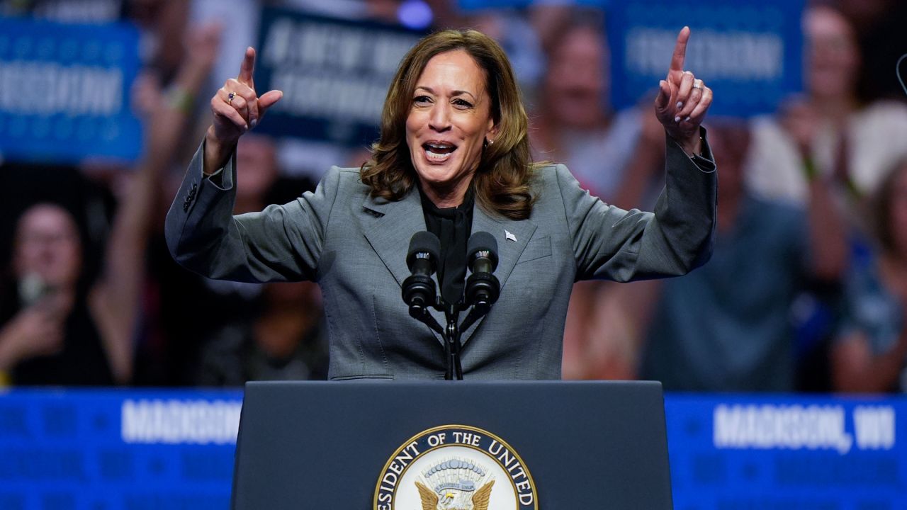 Vice President Kamala Harris speaks at a campaign event in Madison, Wisconsin, on Friday.