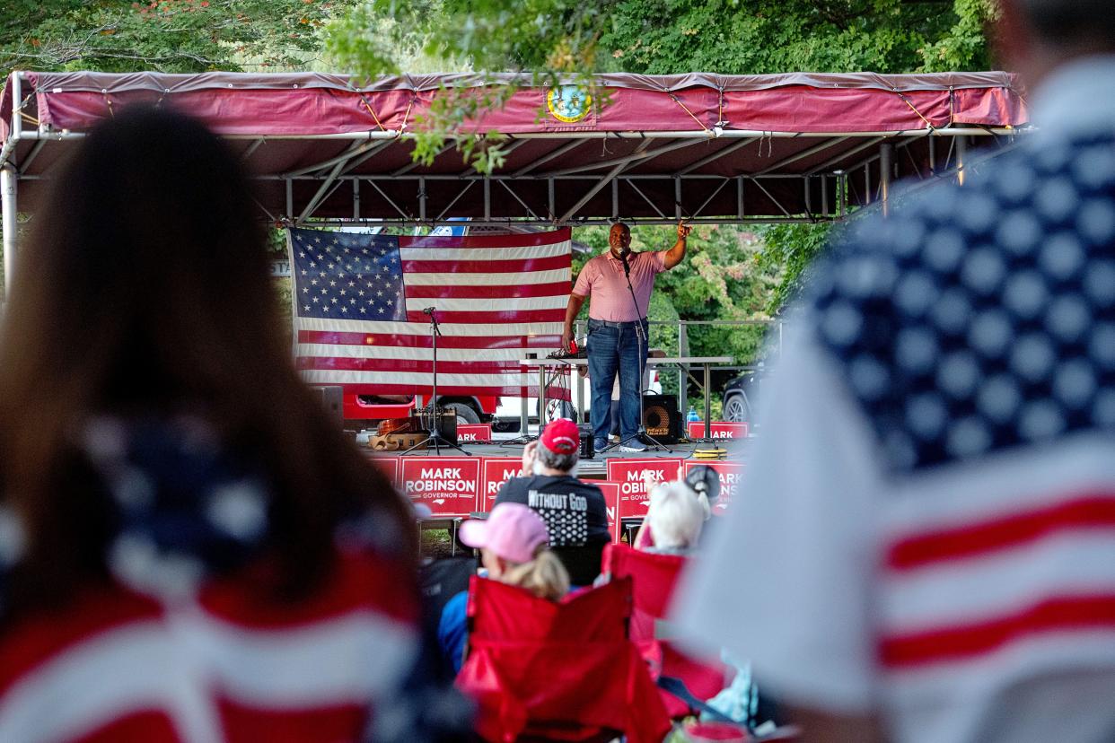 Mark Robinson, Republican candidate for North Carolina governor, speaks at his rally in Burnsville, September 14, 2024.