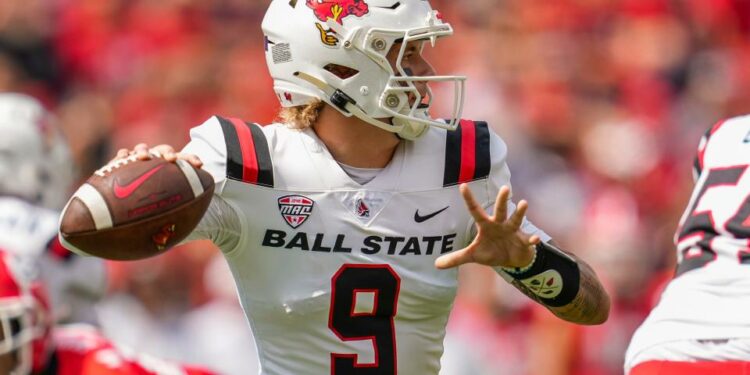 Sep 9, 2023; Athens, Georgia, USA; Ball State Cardinals quarterback Kadin Semonza (9) passes the ball against the Georgia Bulldogs during the first half at Sanford Stadium.