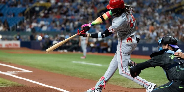 Cincinnati Reds shortstop Elly De La Cruz (44) flies out against the Tampa Bay Rays during the first inning at Tropicana Field.