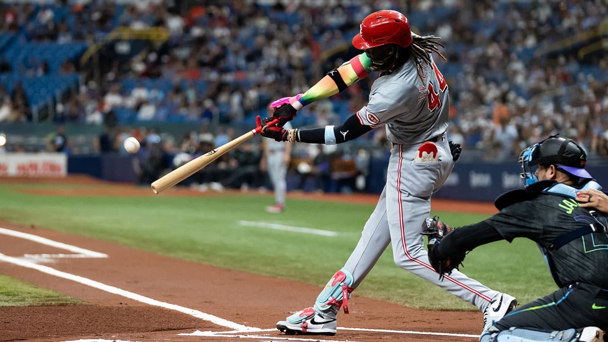 Cincinnati Reds shortstop Elly De La Cruz (44) flies out against the Tampa Bay Rays during the first inning at Tropicana Field.