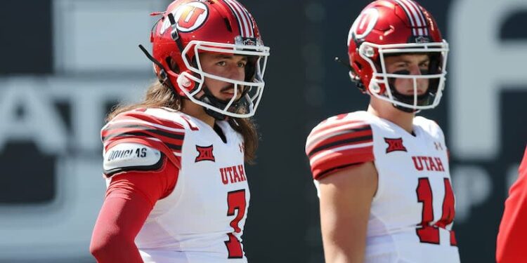 Utah Utes quarterback Cameron Rising (7) and Utah Utes quarterback Sam Huard (14) watch warm ups agaistn USU in Logan on Saturday, Sept. 14, 2024.