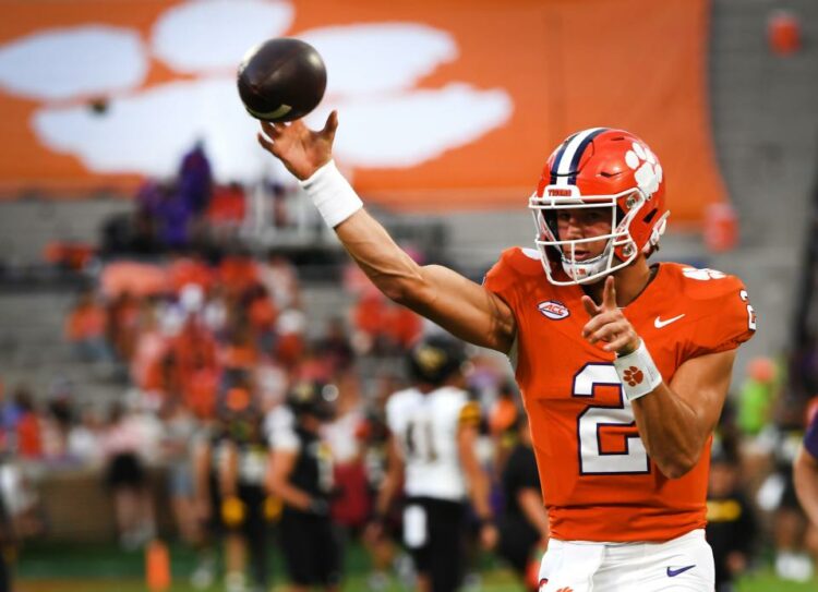 Sept 7, 2024; Clemson, SC, USA; The Clemson Tigers played the Appalachian State Mountaineers in college football Saturday, Sept. 7, 2024. Clemson quarterback Cade Klubnik (2) warms up. Mandatory Credit: Alex Hicks Jr./USA TODAY Sports via Imagn Images