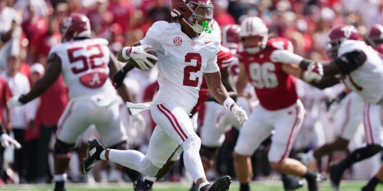 Sep 14, 2024; Madison, Wisconsin, USA; Alabama Crimson Tide wide receiver Ryan Williams (2) during the game against the Wisconsin Badgers at Camp Randall Stadium. Mandatory Credit: Jeff Hanisch-Imagn Images