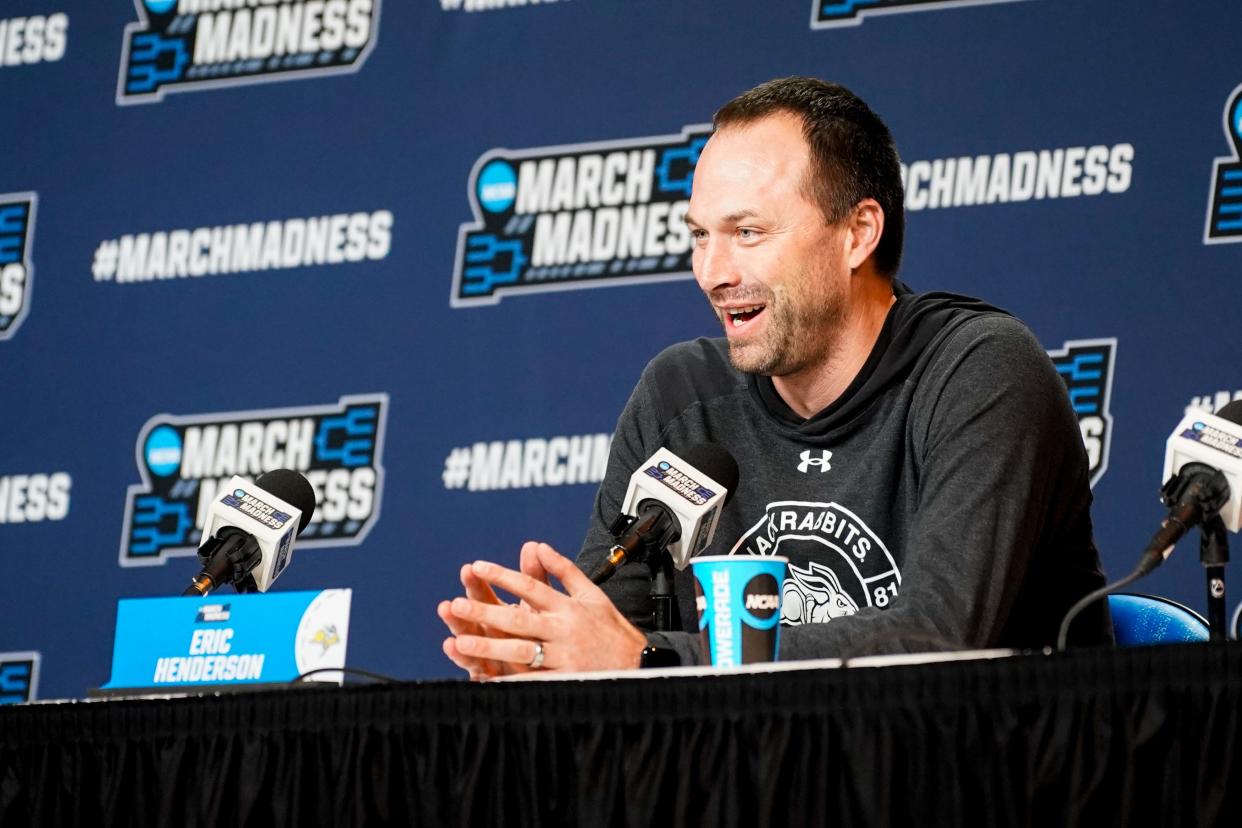 Mar 20, 2024; Omaha, NE, USA; South Dakota State Jackrabbits head coach Eric Henderson speaks with media during the NCAA first round practice session at CHI Health Center Omaha. Mandatory Credit: Dylan Widger-USA TODAY Sports