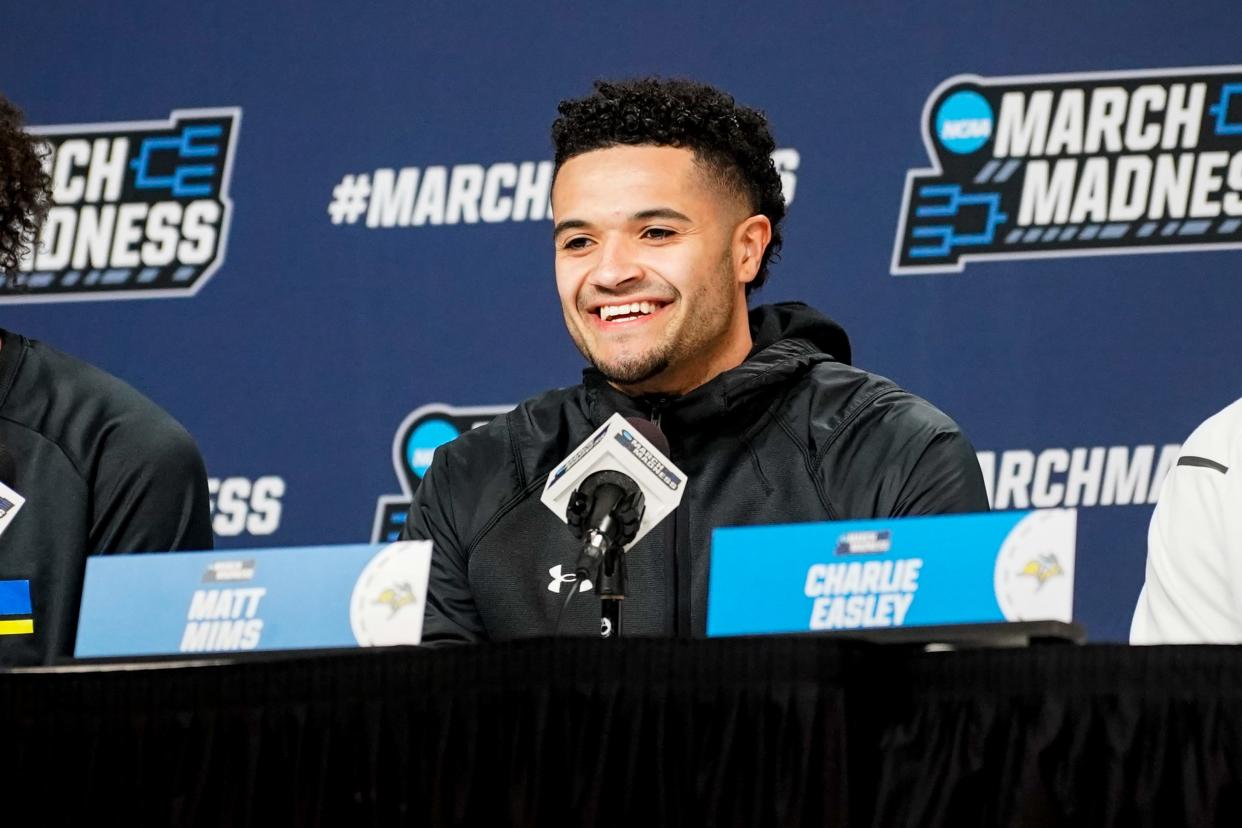 Mar 20, 2024; Omaha, NE, USA; South Dakota State Jackrabbits guard Matt Mims (1) speaks to media during the NCAA first round practice session at CHI Health Center Omaha. Mandatory Credit: Dylan Widger-USA TODAY Sports