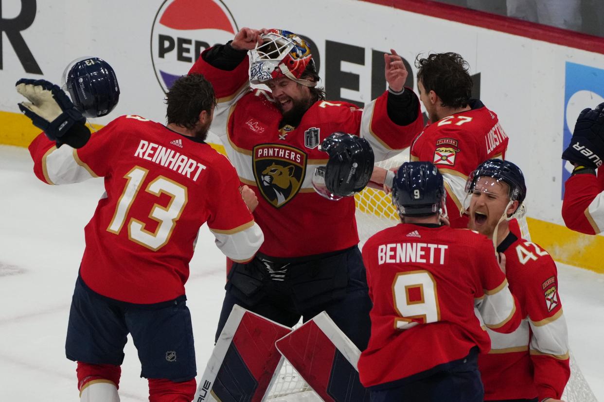 Jun 24, 2024; Sunrise, Florida, USA; Florida Panthers celebrate winning against the Edmonton Oilers in game seven of the 2024 Stanley Cup Final at Amerant Bank Arena. Mandatory Credit: Jim Rassol-USA TODAY Sports