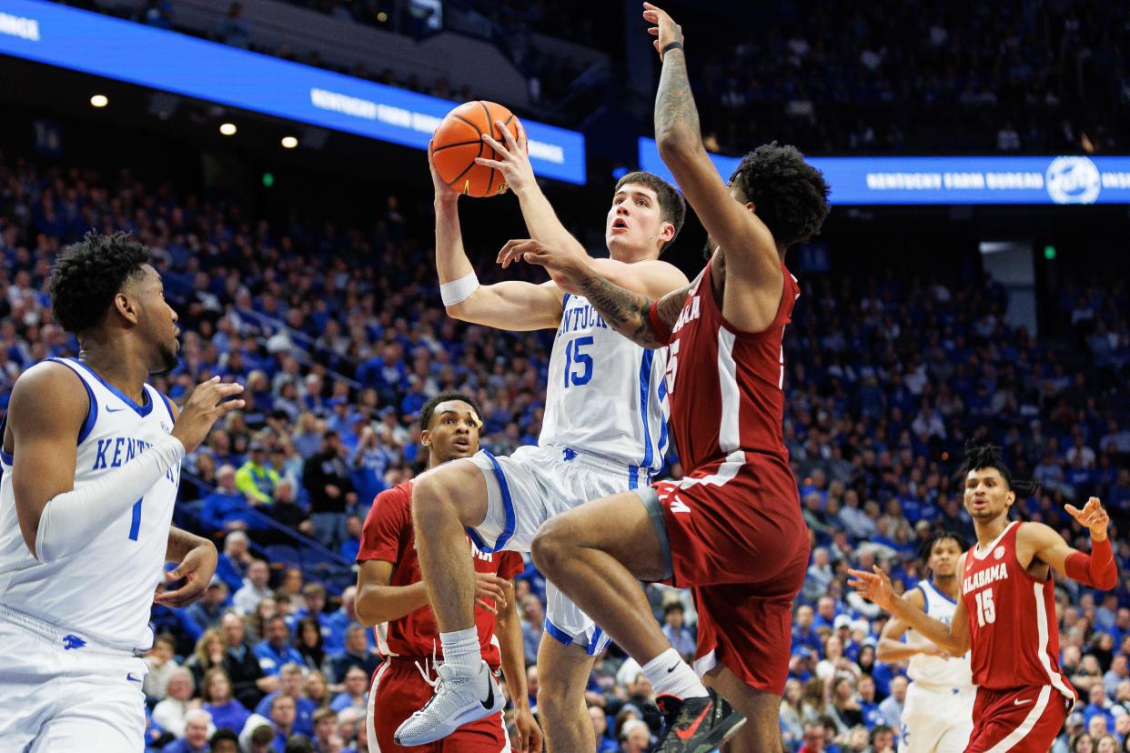 Feb 24, 2024; Lexington, Kentucky, USA; Kentucky Wildcats guard Reed Sheppard (15) goes to the basket during the second half against the Alabama Crimson Tide at Rupp Arena at Central Bank Center. Mandatory Credit: Jordan Prather-USA TODAY Sports