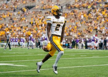 Sep 17, 2022; Columbia, Missouri, USA; Missouri Tigers defensive back Ennis Rakestraw Jr. (2) celebrates after intercepting a pass against the Abilene Christian Wildcats during the second half at Faurot Field at Memorial Stadium. Mandatory Credit: Jay Biggerstaff-USA TODAY Sports