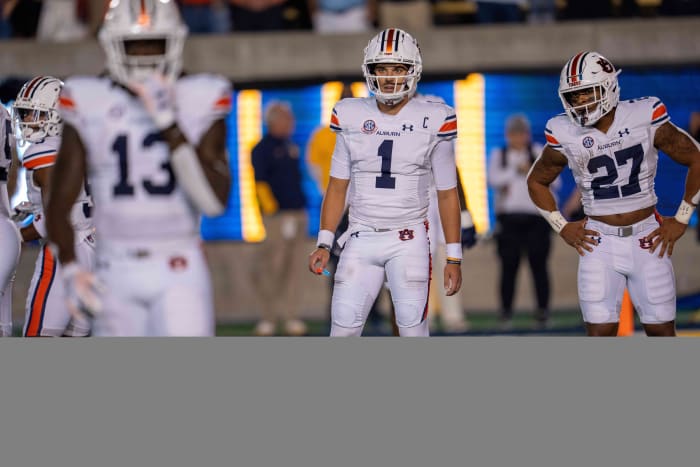 Sep 9, 2023; Berkeley, California, USA; Auburn Tigers quarterback Payton Thorne (1) looks in for the play during the first quarter against the California Golden Bears at California Memorial Stadium. Mandatory Credit: Neville E. Guard-USA TODAY Sports  
