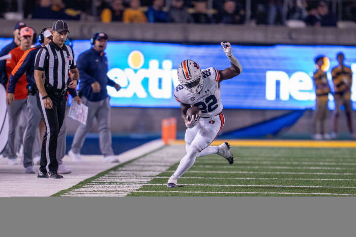 Sep 9, 2023; Berkeley, California, USA; Auburn Tigers running back Damari Alston (22) runs with the football after the catch during the second quarter against the California Golden Bears at California Memorial Stadium. Mandatory Credit: Neville E. Guard-USA TODAY Sports  