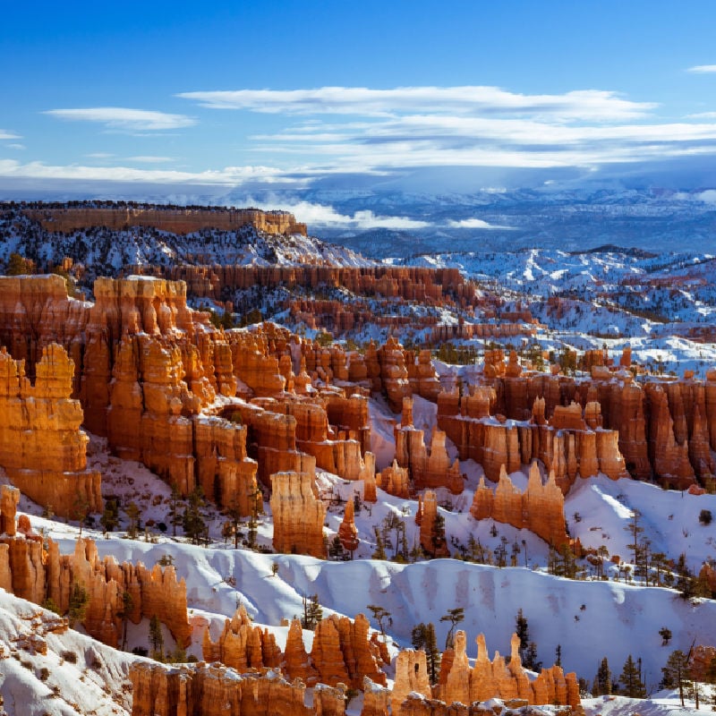 Bryce Canyon in winter with canyon covered in snow