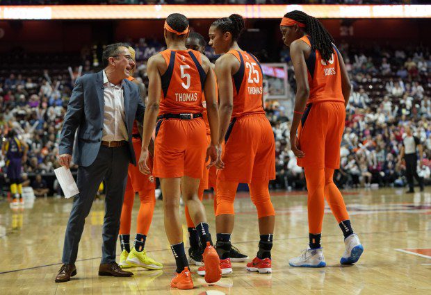 9/17/2019 -- Uncasville, CT, U.S.A. Connecticut Sun head coach Curt Miller talks to his players during a break in the action against the Los Angeles Sparks during the second half of the WNBA Semifinals at Mohegan Sun Arena. The Sun defeated the Sparks 84-75. Photo by David Butler II | Special to the Courant