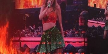 Taylor Swift wearing a costume during the Dublin leg of the Eras Tour that nods to the Irish flag