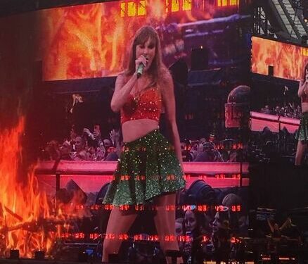 Taylor Swift wearing a costume during the Dublin leg of the Eras Tour that nods to the Irish flag