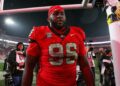 Nov 11, 2023; Athens, Georgia, USA; Georgia Bulldogs defensive lineman Zion Logue (96) walks off the field after a victory against the Mississippi Rebels at Sanford Stadium. Mandatory Credit: Brett Davis-USA TODAY Sports