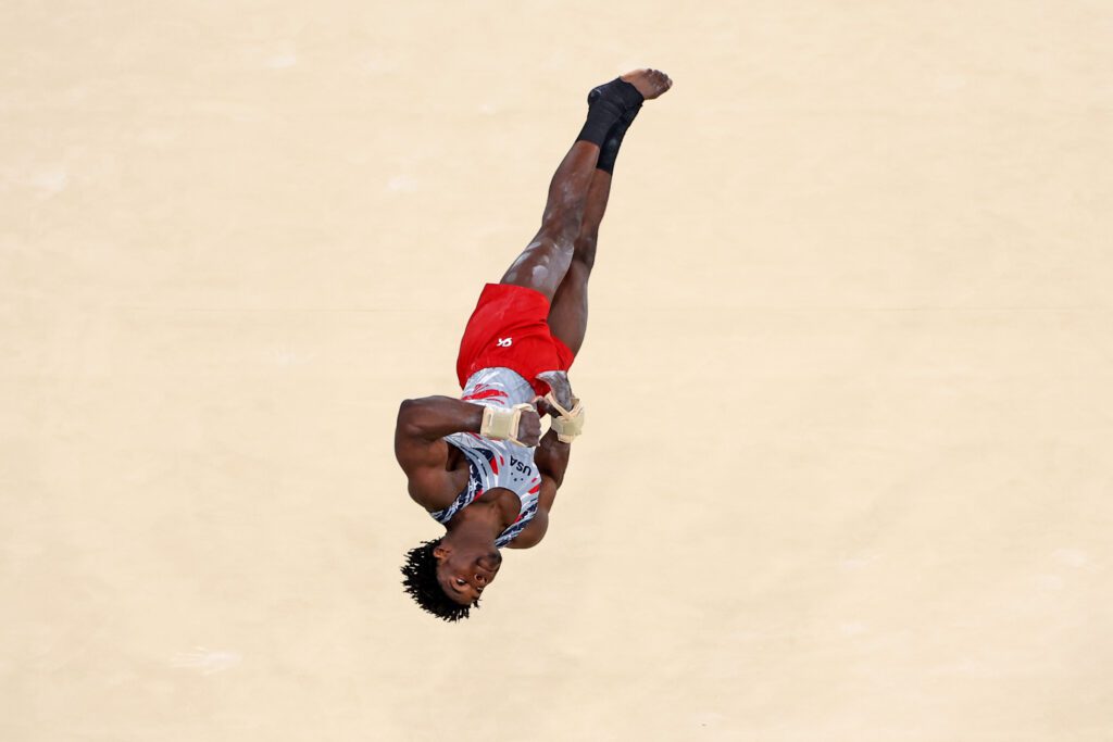 Frederick Richard of Team United States competes in the floor exercise during the Artistic Gymnastics Men's Team Final on day three of the Olympic Games Paris 2024 at Bercy Arena on July 29, 2024 in Paris, France. (Photo by Hannah Peters/Getty Images)