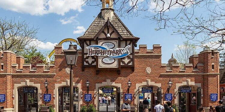 The main gateway entrance to Hersheypark, a family theme park situated in Hershey, Pennsylvania.