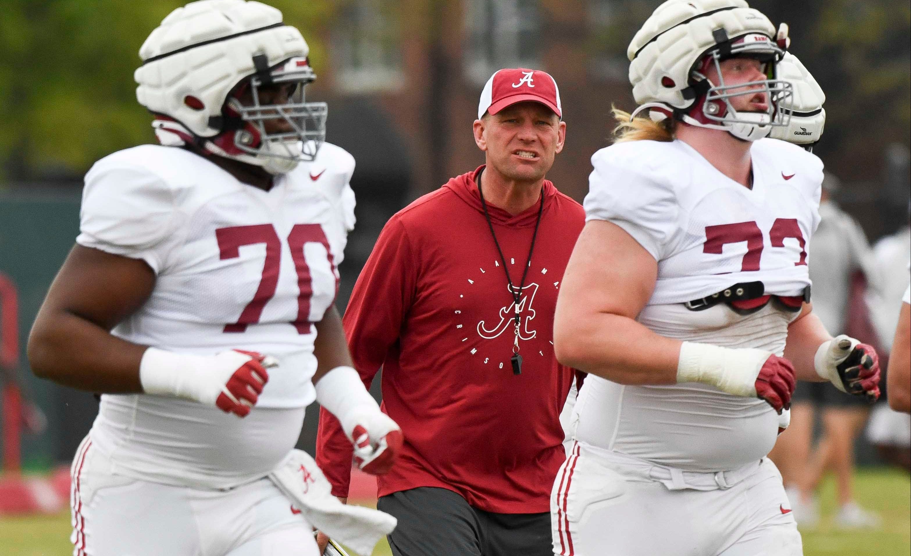 Mar 21, 2024; Tuscaloosa, Alabama, USA; Alabama head coach Kalen DeBoer yells at lineman to run between drill stations during practice at the University Alabama Thursday.