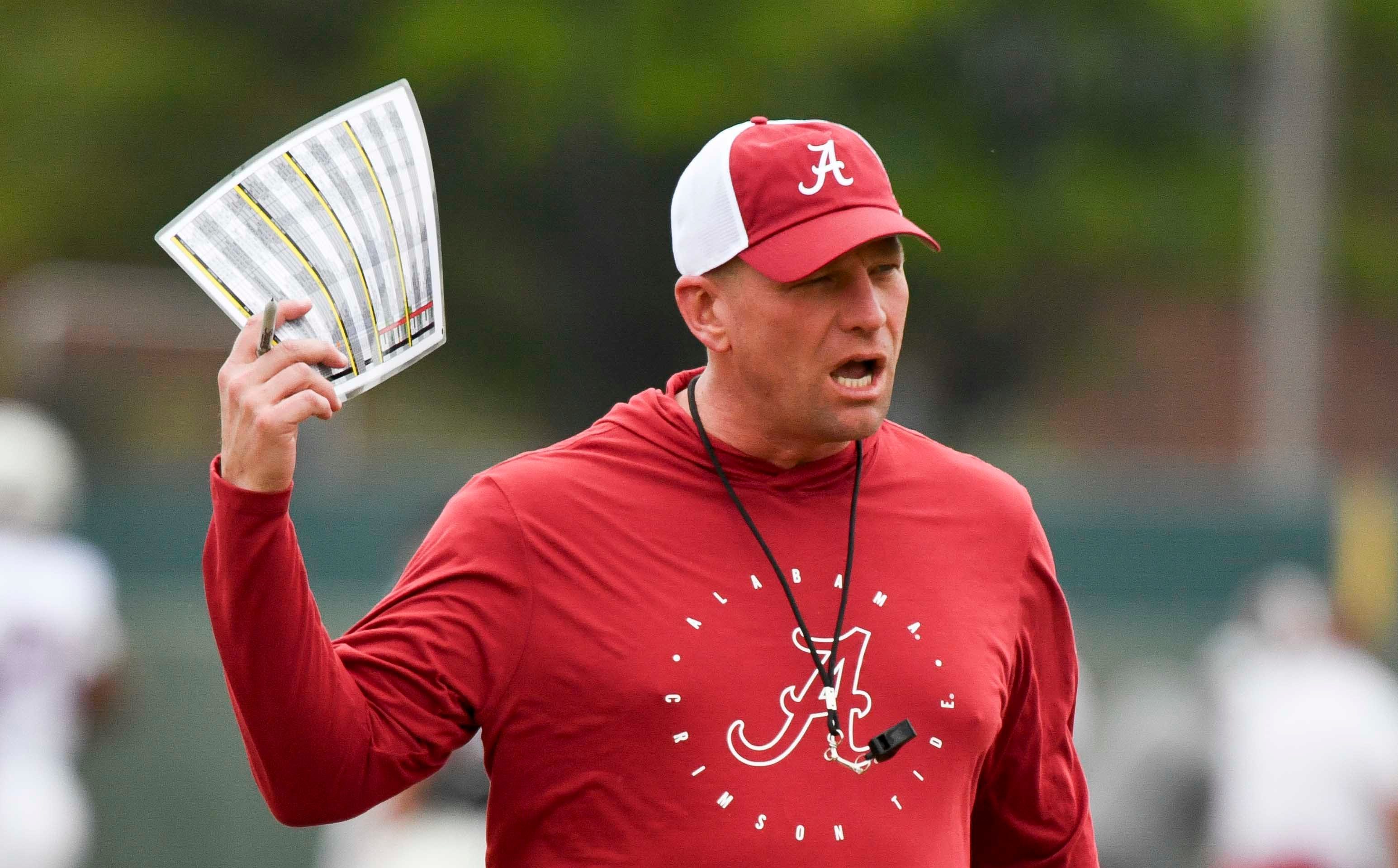 Mar 21, 2024; Tuscaloosa, Alabama, USA; Alabama head coach Kalen DeBoer yells instructions during practice at the University Alabama Thursday.