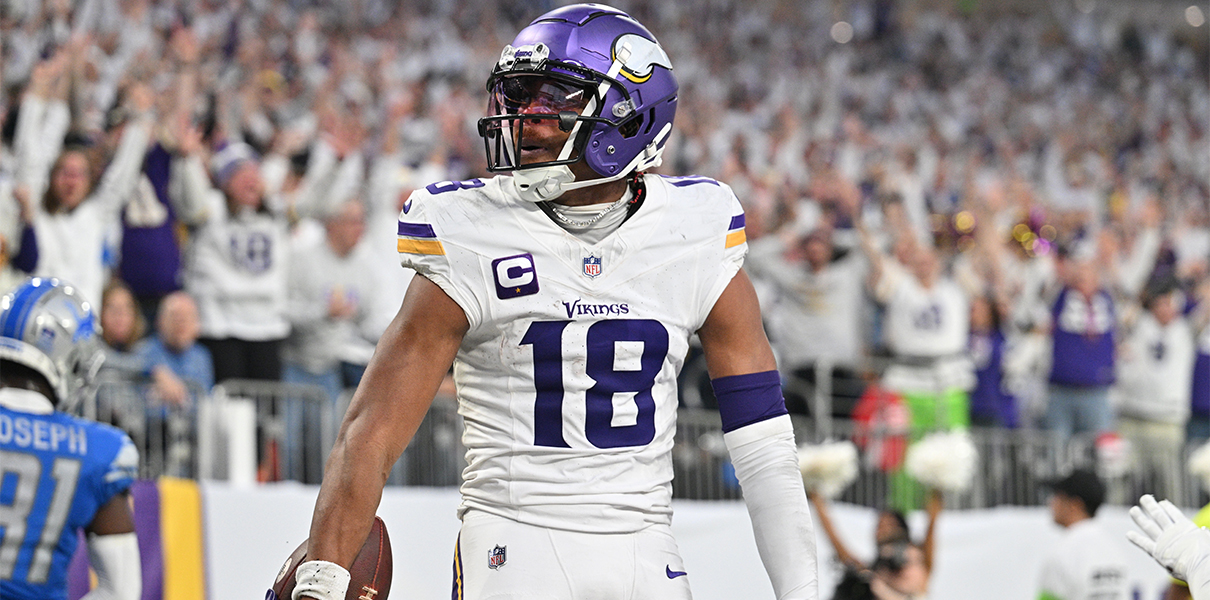 Dec 24, 2023; Minneapolis, Minnesota, USA; Minnesota Vikings wide receiver Justin Jefferson (18) reacts after scoring a touchdown during the second quarter against the Detroit Lions at U.S. Bank Stadium. Mandatory Credit: Jeffrey Becker-USA TODAY Sports