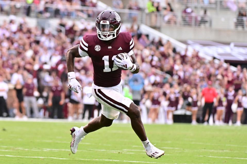 Sep 2, 2023; Starkville, Mississippi, USA; Mississippi State Bulldogs wide receiver Jaden Walley (11) runs the ball against the Southeastern Louisiana Lions during the third quarter at Davis Wade Stadium at Scott Field. Mandatory Credit: Matt Bush-USA TODAY Sports