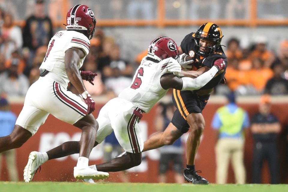 Tennessee wide receiver Bru McCoy (15) is tackled before sustaining an injury during a football game between Tennessee and South Carolina at Neyland Stadium in Knoxville, Tenn., on Saturday, Sept. 30, 2023.