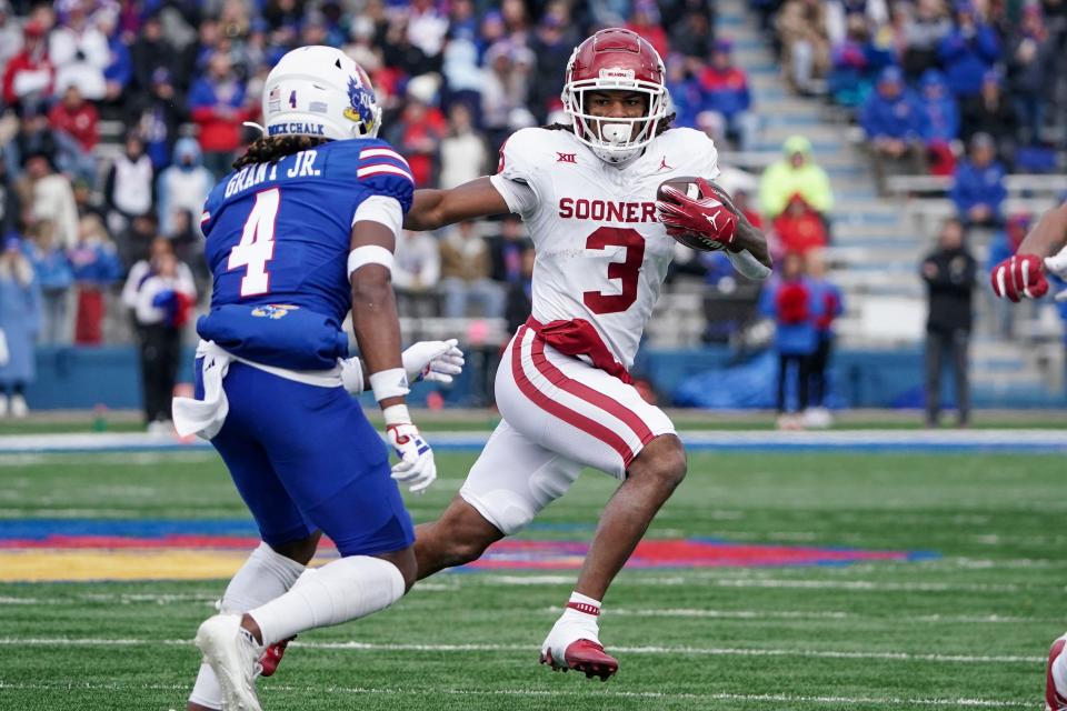 Oct 28, 2023; Lawrence, Kansas, USA; Oklahoma Sooners wide receiver Jalil Farooq (3) runs the ball against the Kansas Jayhawks during the game at David Booth Kansas Memorial Stadium. Mandatory Credit: Denny Medley-USA TODAY Sports