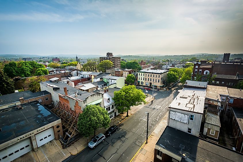 Aerial view of buildings in downtown Reading, Pennsylvania.