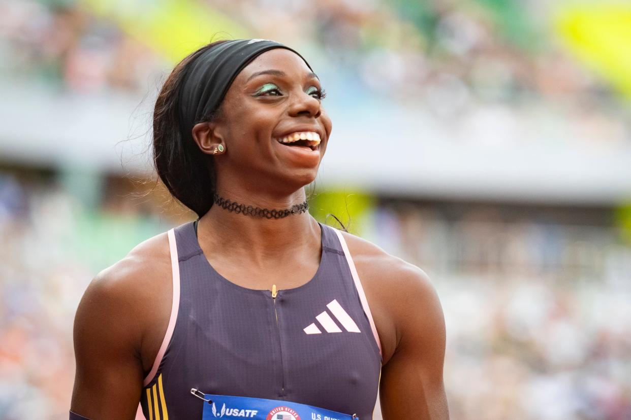 Brittany Brown looks on after finishing second in the women’s 200 meters during day nine of the U.S. Olympic Track & Field Trials Saturday, June 29, 2024, at Hayward Field in Eugene, Ore.