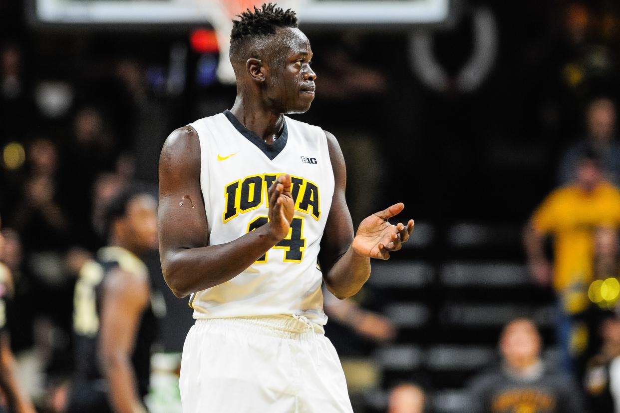 Jan 12, 2017; Iowa City, IA, USA; Iowa Hawkeyes guard Peter Jok (14) reacts during the first half against the Purdue Boilermakers at Carver-Hawkeye Arena. Mandatory Credit: Jeffrey Becker-USA TODAY Sports