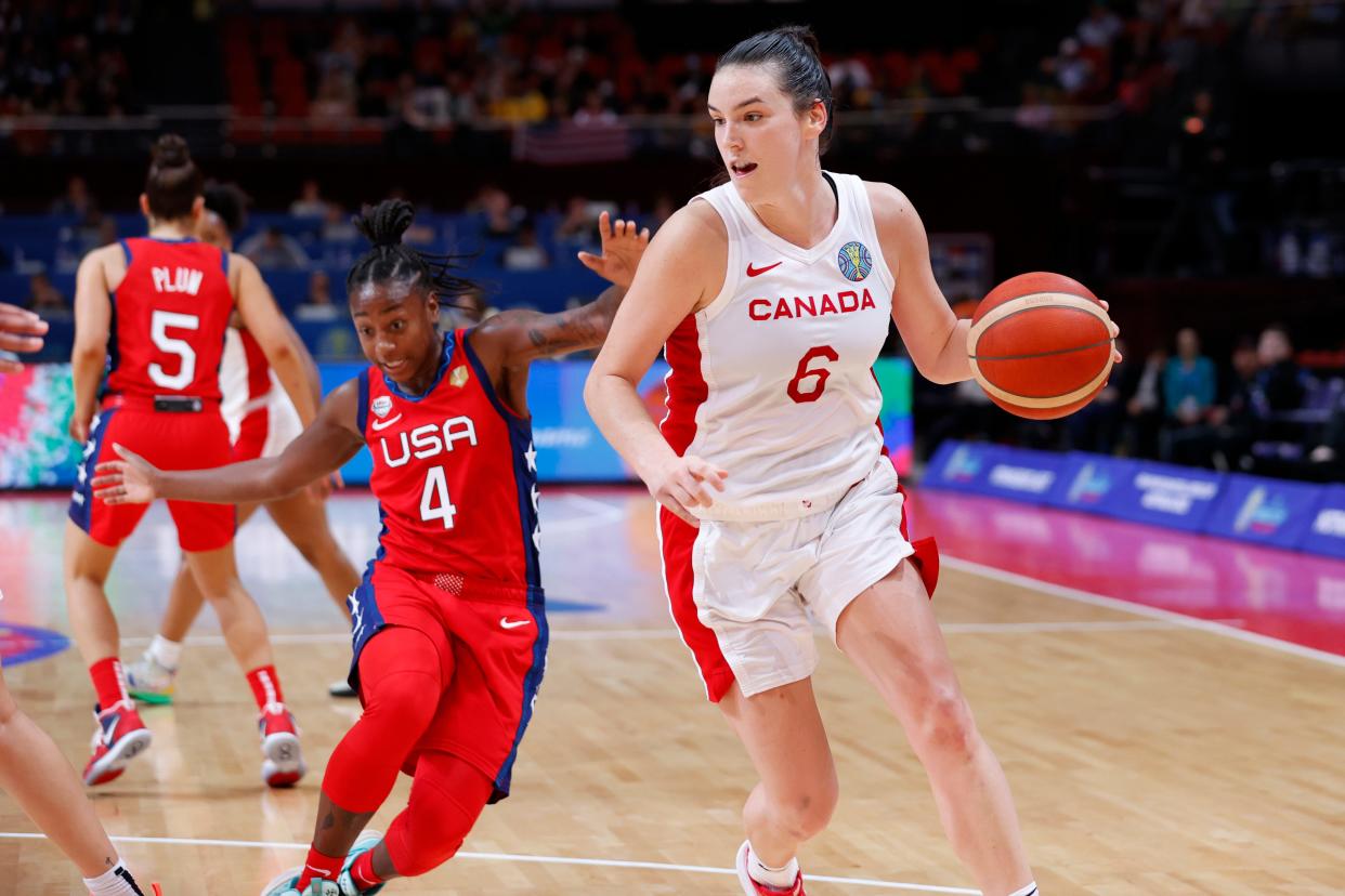 Sep 30, 2022: Canada player Bridget Carleton (6) dribbles in the third quarter against USA at Sydney SuperDome.