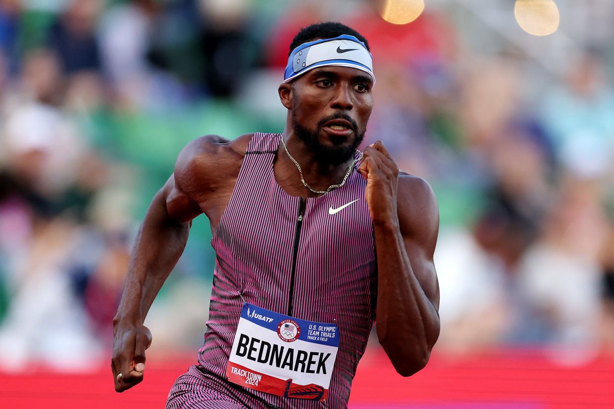 EUGENE, OREGON - JUNE 27: Kenny Bednarek competes in the first round of the men's 200 meters on Day Seven of the 2024 U.S. Olympic Team Track & Field Trials at Hayward Field on June 27, 2024 in Eugene, Oregon. (Photo by Patrick Smith/Getty Images)