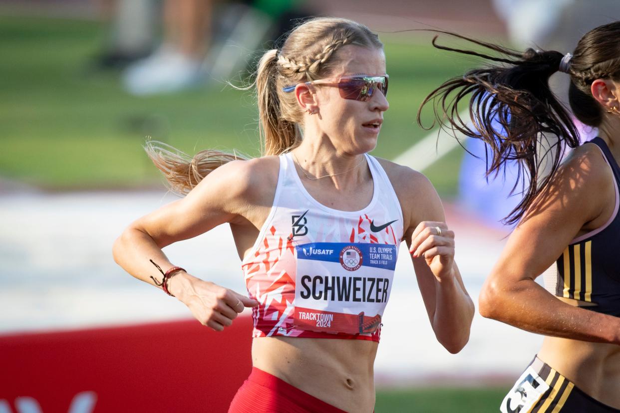 Karissa Schweizer competes in the first round of the women’s 5,000 meters during day one of the US Olympic Track and Field Trials Friday, June 21, 2024, at Hayward Field in Eugene, Ore.