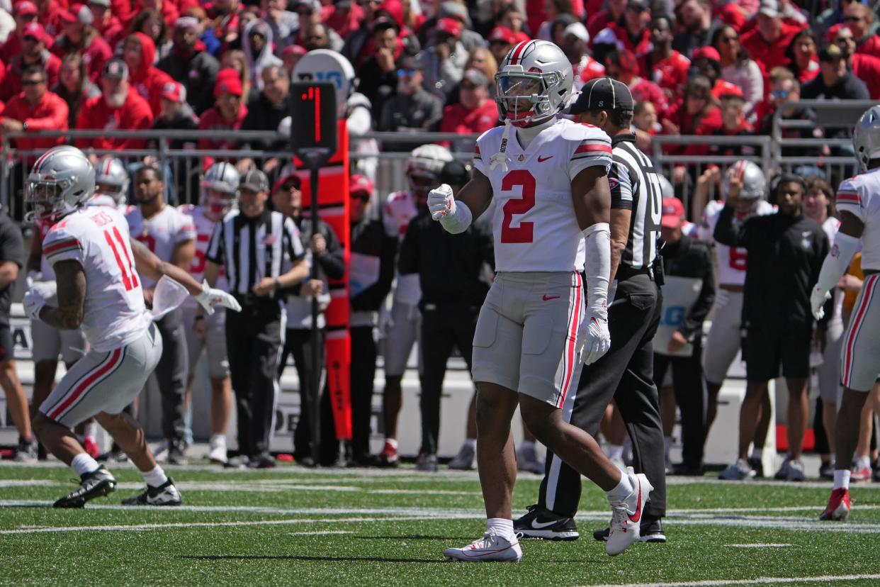 Apr 13, 2024; Columbus, OH, USA; Ohio State Buckeyes safety Caleb Downs (2) reacts to a call during the Ohio State football spring game at Ohio Stadium.