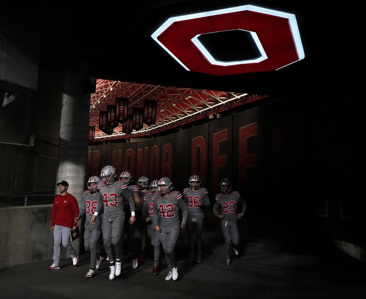 Nov. 11, 2023; Columbus, Oh., USA; 
Special teams take the field for the second half of Saturday's NCAA Division I football game against the Michigan State Spartans at Ohio Stadium. (l-r) Ohio State Buckeyes place kicker Jayden Fielding (38), Ohio State Buckeyes long snapper John Ferlmann (43), Ohio State Buckeyes punter Joe McGuire (42), Ohio State Buckeyes long snapper Collin Johnson (96) and Ohio State Buckeyes place kicker Parker Lewis (23).