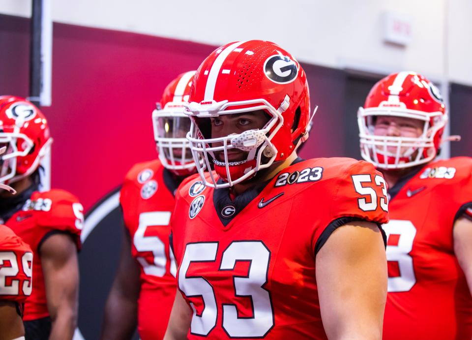 Jan 9, 2023; Inglewood, CA, USA; Georgia Bulldogs offensive lineman Dylan Fairchild (53) against the TCU Horned Frogs during the CFP national championship game at SoFi Stadium. Mandatory Credit: Mark J. Rebilas-USA TODAY Sports